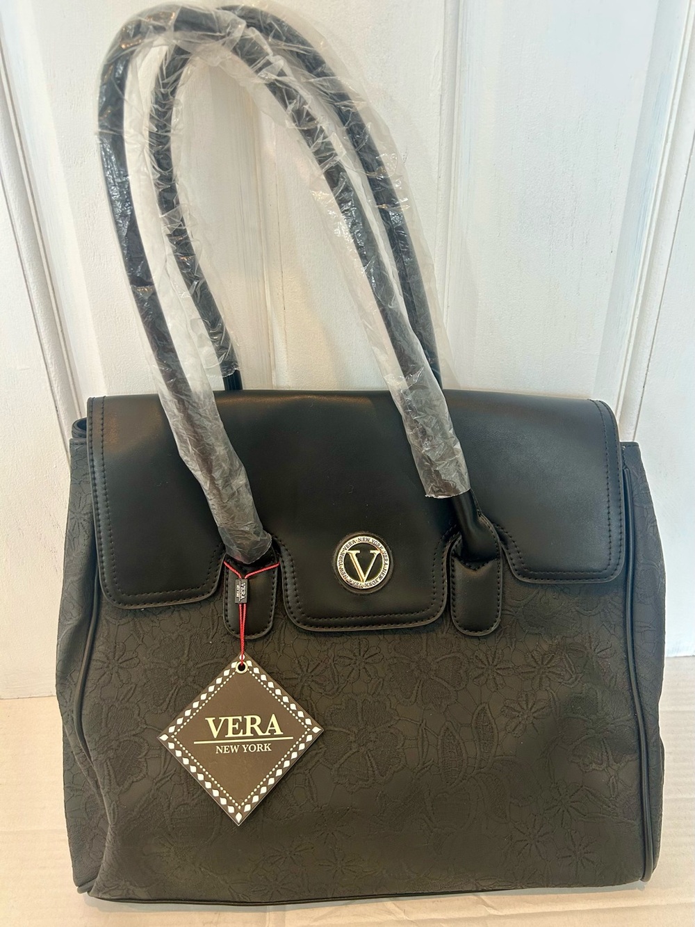 Vera New York Black Floral-Embossed Satchel